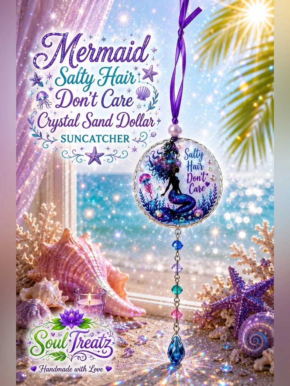 Decoupage Mermaid 'Salty Hair Don't Care' Purple Crystal Sand Dollar Suncatcher